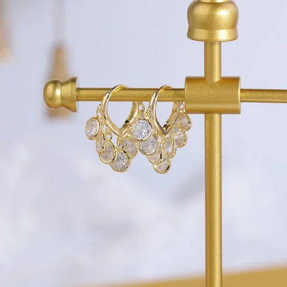 NEW 14K Gold Plated Round Diamond Drop Huggie Hoop Earrings - Picture 8 of 8